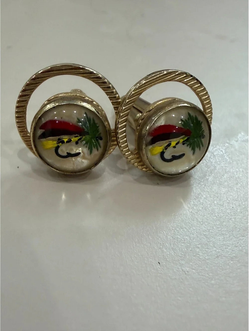 Jewelry Cuff Links Vintage Set Fishing Lure Design Themed Gold Colored Setting